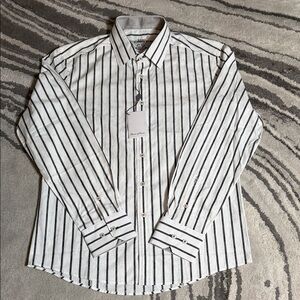 House Of Lords Gray and White Striped Men's Button Up Shirt